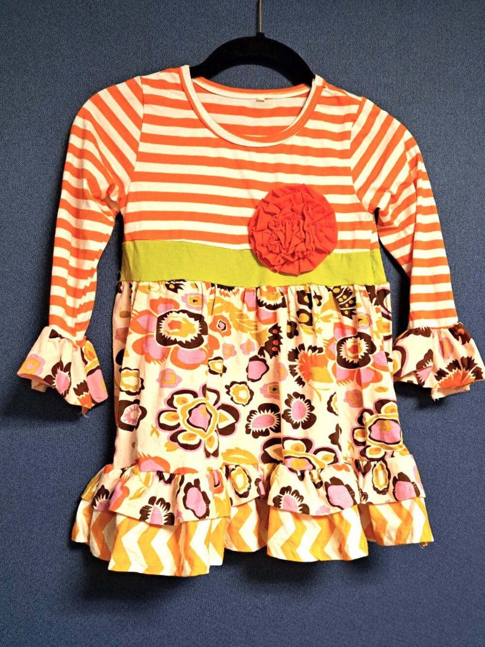 CUTE FALL HALLOWEEN STRIPED PRINT GIRLS TUNIC TOP SIZE 120 5/6 W RUFFLES SOFT